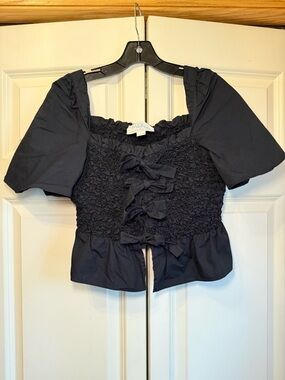 Mare Mare x Anthropologie Black Smocked Bow-Front Crop Blouse